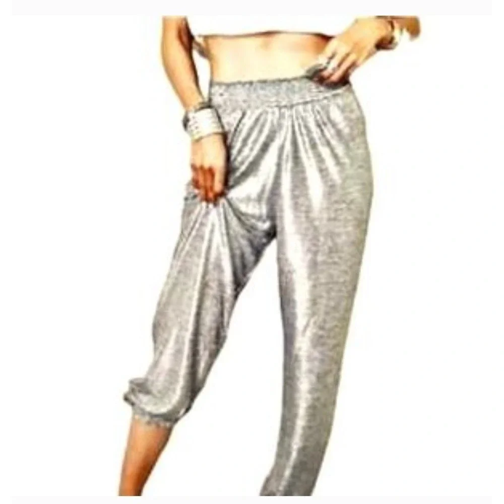Anthropologie Metallic Silver Jogger Pants‎ Smocked Waist OB1241973 Womens M - Picture 2 of 8